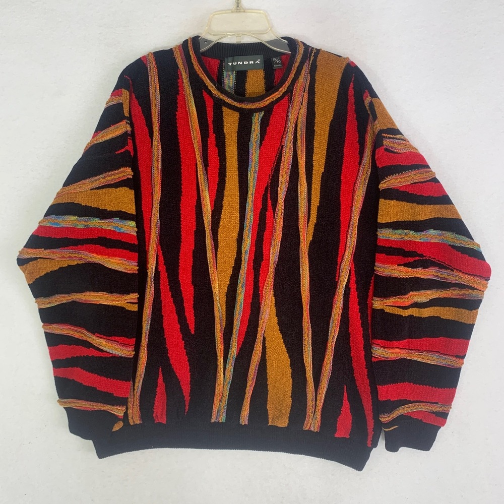 VTG Tundra Canada 3D Knit Sweater Mens XL Coogi Style Biggie Hip Hop Red Grandpa